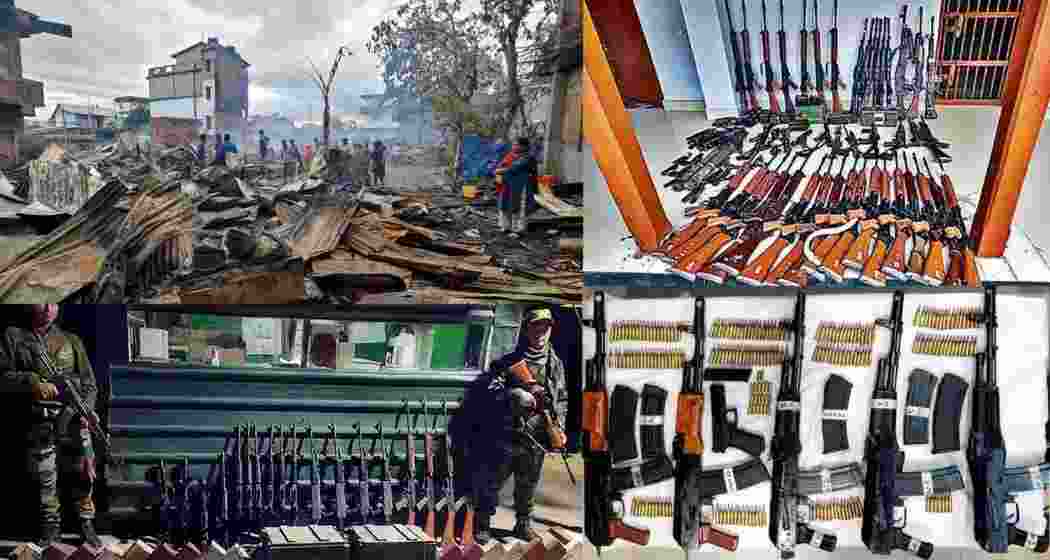 A glimpses of the violence in Manipur along with selected snapshots of arms and ammunition seized by security personnel across Manipur following the unrest in May 3, 2023.