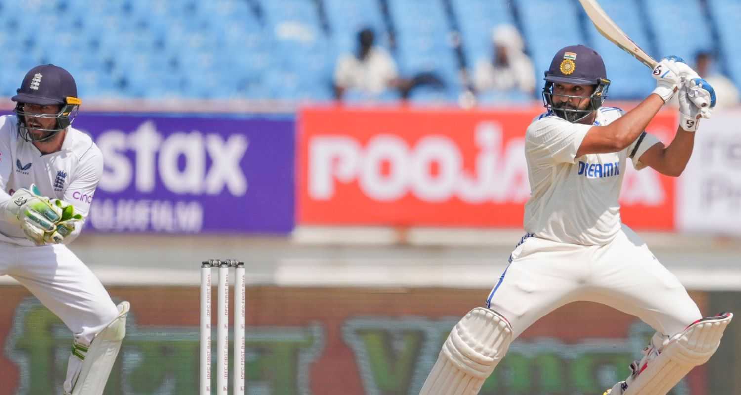 India's Rohit Sharma plays a shot during the 3rd day of the 3rd cricket test match between India and England, at Niranjan Shah Stadium, in Rajkot on Saturday.