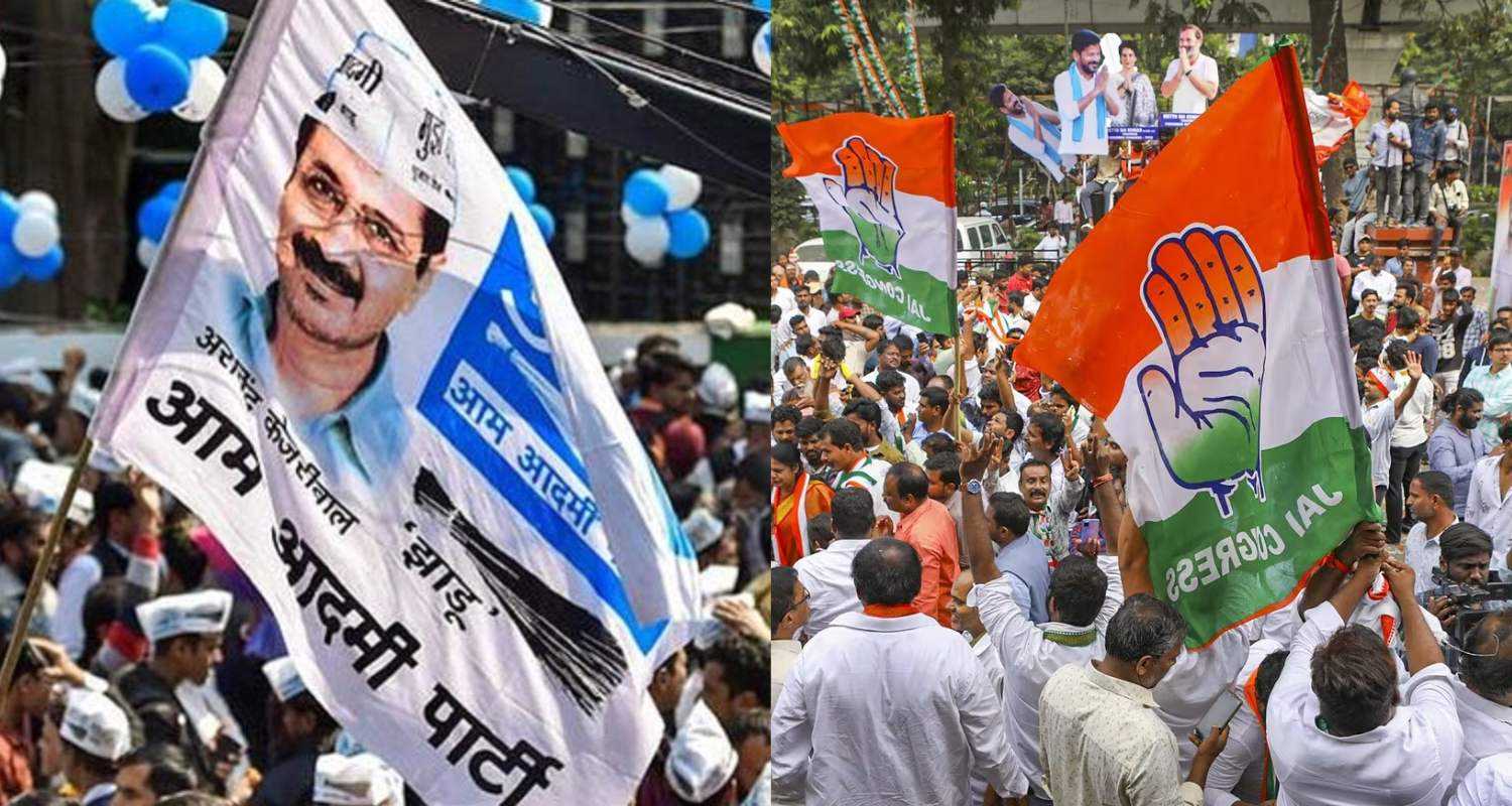 Image of the AAP flag during the rally and Congress flag. 