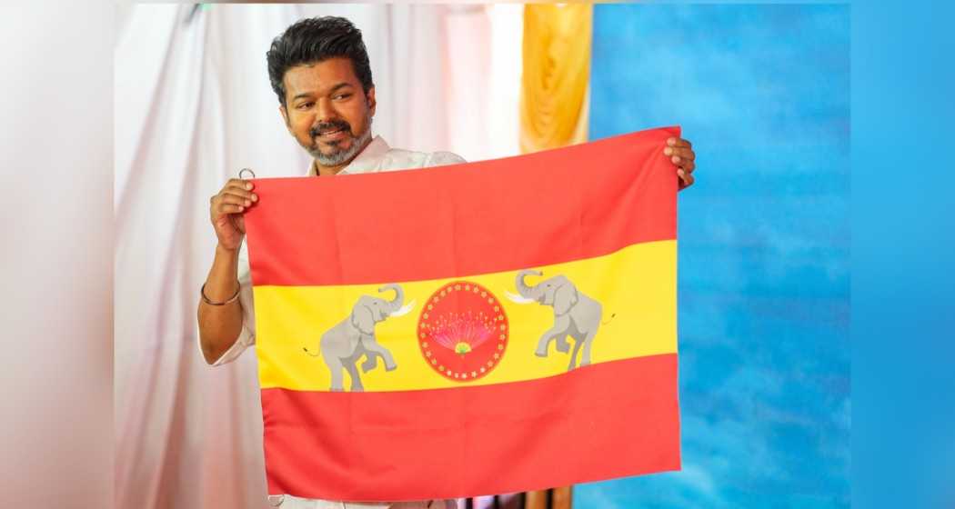 Actor-turned-politician and Tamilaga Vettri Kazhagam President Vijay unveils party's flag at party headquarters, on the outskirts of Chennai, Thursday, Aug. 22, 2024. 