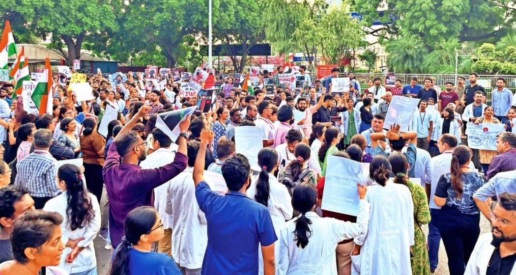 Students protest against the alleged rape and murder of a trainee doctor at Kolkata's RG Kar Medical College and Hospital.