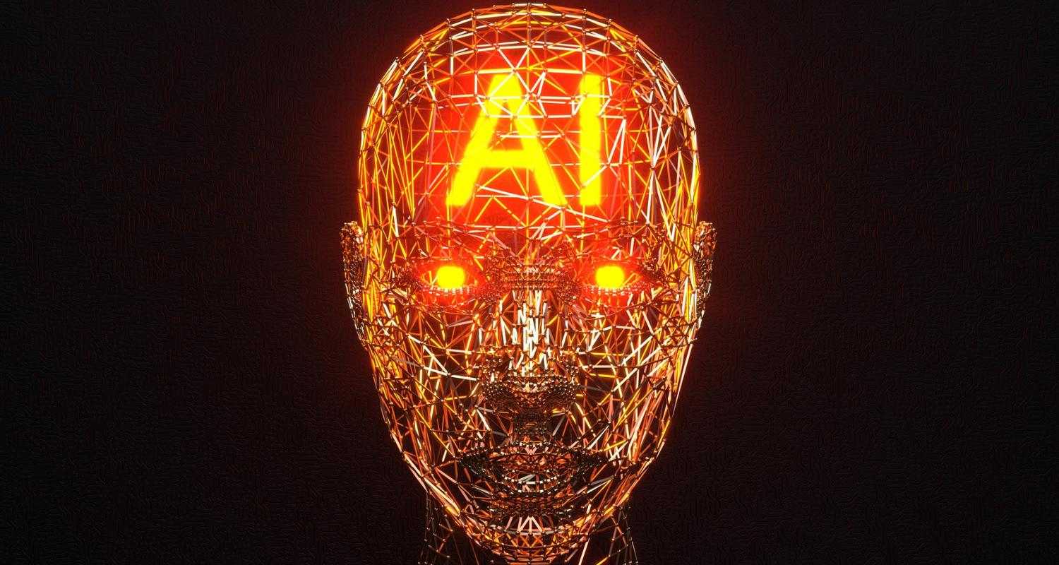 A Robot with the glowing text "AI"  inside of its skull