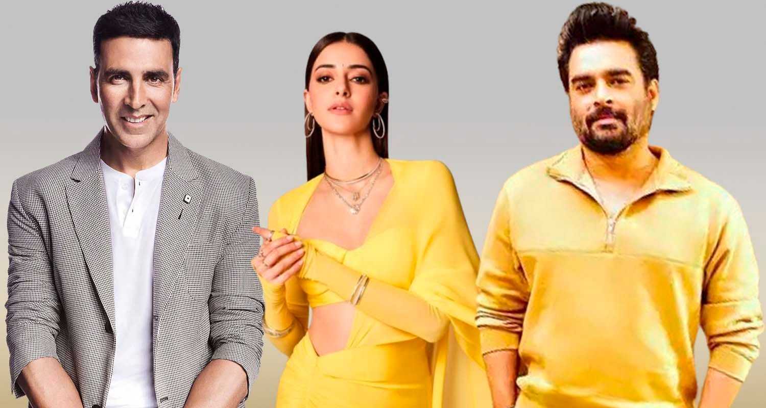 (L-R) Bollywood actors Akshay Kumar, Ananya Panday and R. Madhavan. File photo.