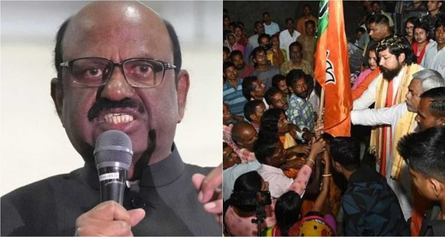 Bengal Governor CV Ananda Bose (left), Union Minister Nitish Pramanik with supporters during his rally in Dinhata (right).