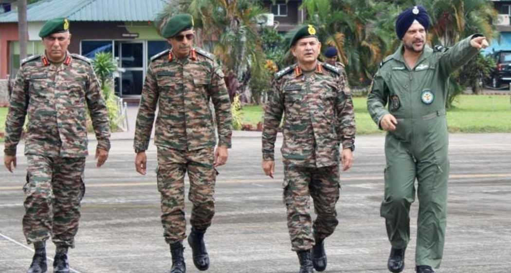 Army Chief General Upendra Dwivedi (second from right), accompanied by Eastern Army Commander Lt Gen RC Tewari and Commanders of the 33 and 3 Corps.