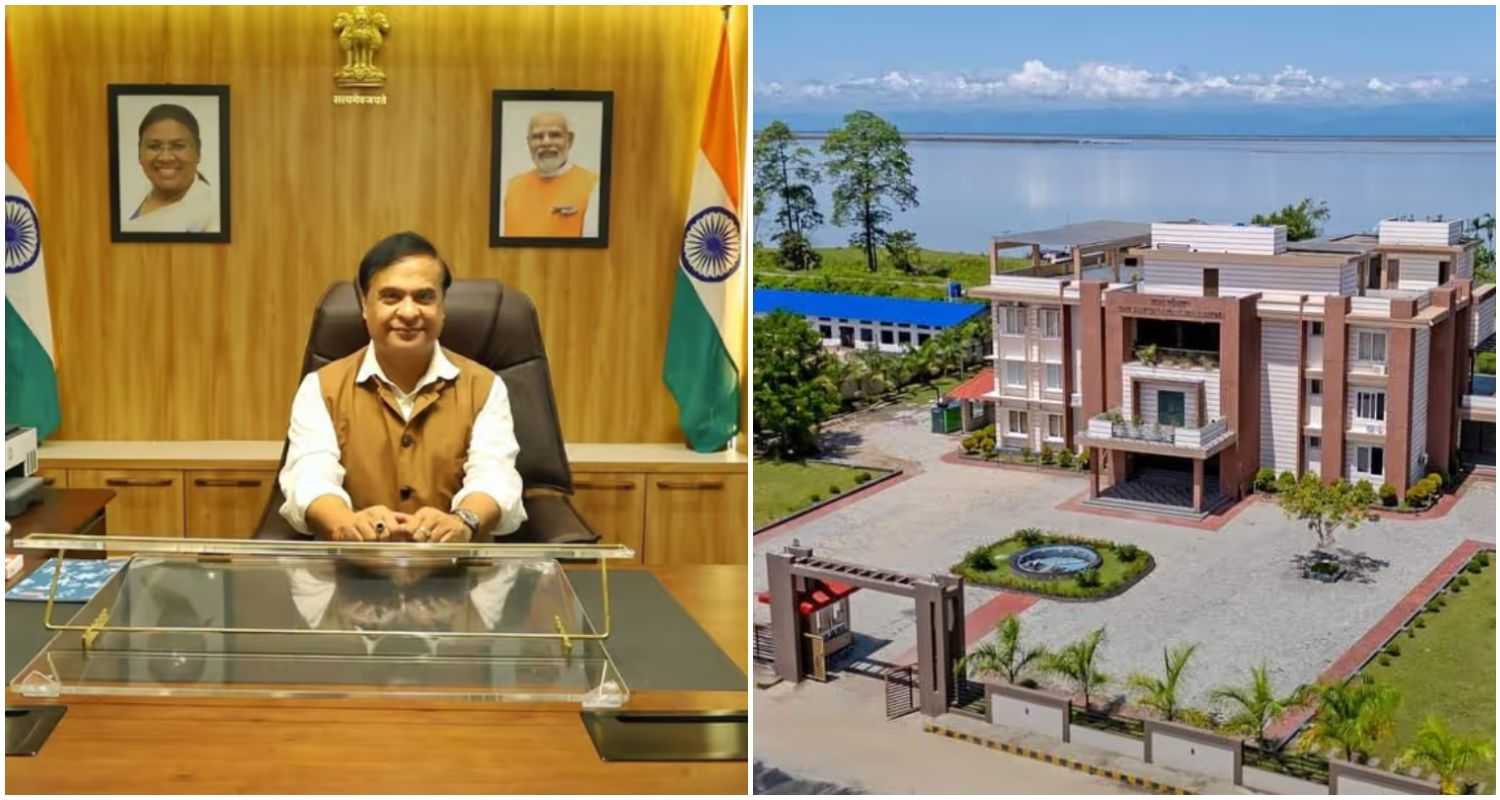 Assam Chief Minister Himanta Biswa Sarma (L), the newly built Chief Minister's secretariat in upper Assam's Dibrugarh (R).