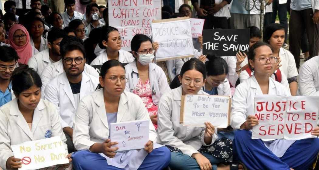 Resident doctors and medical students stage a protest against the sexual assault and murder of a postgraduate trainee doctor in Kolkata, at Gauhati Medical College and Hospital, in Guwahati, Assam.