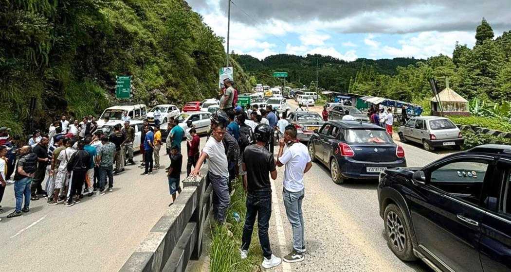 Assam tourist taxis are being held at Umtyngngar in the East Khasi Hills in Meghalaya during a drive carried out by Meghalayan drivers with their demand to restrict the movement of Assam tourist taxis within the state.