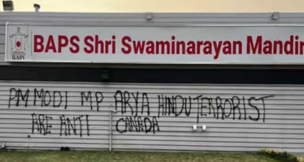 Visual of an anti-India graffiti defacing the BAPS temple in Canada.