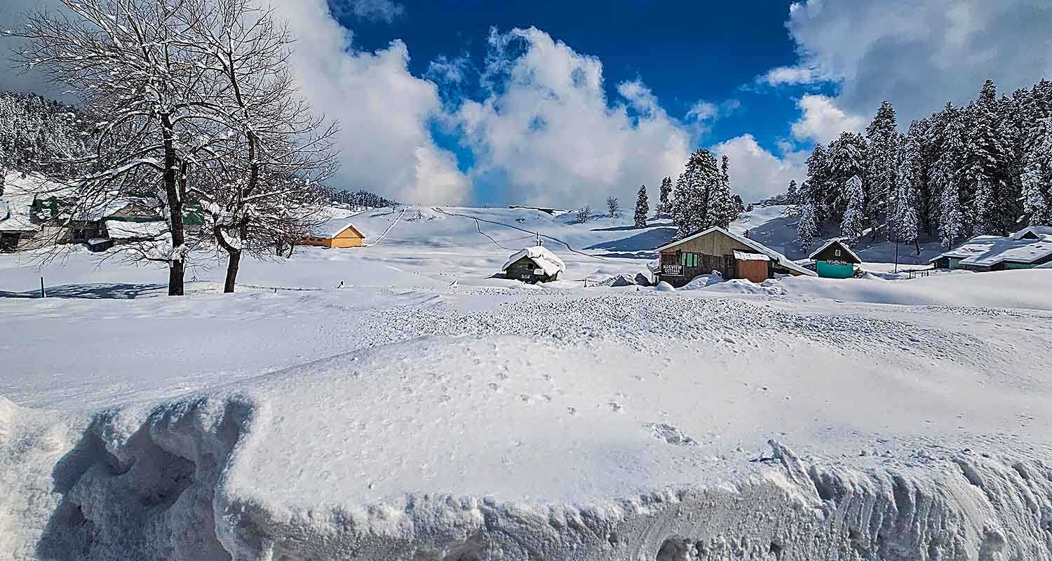 Gulmarg Ski Resort covered in snow after fresh snowfall, in Baramulla district of Jammu and Kashmir on Wednesday