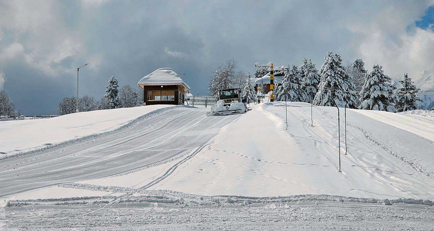 Gulmarg Ski Resort covered in snow after fresh snowfall in Baramulla on Wednesday.