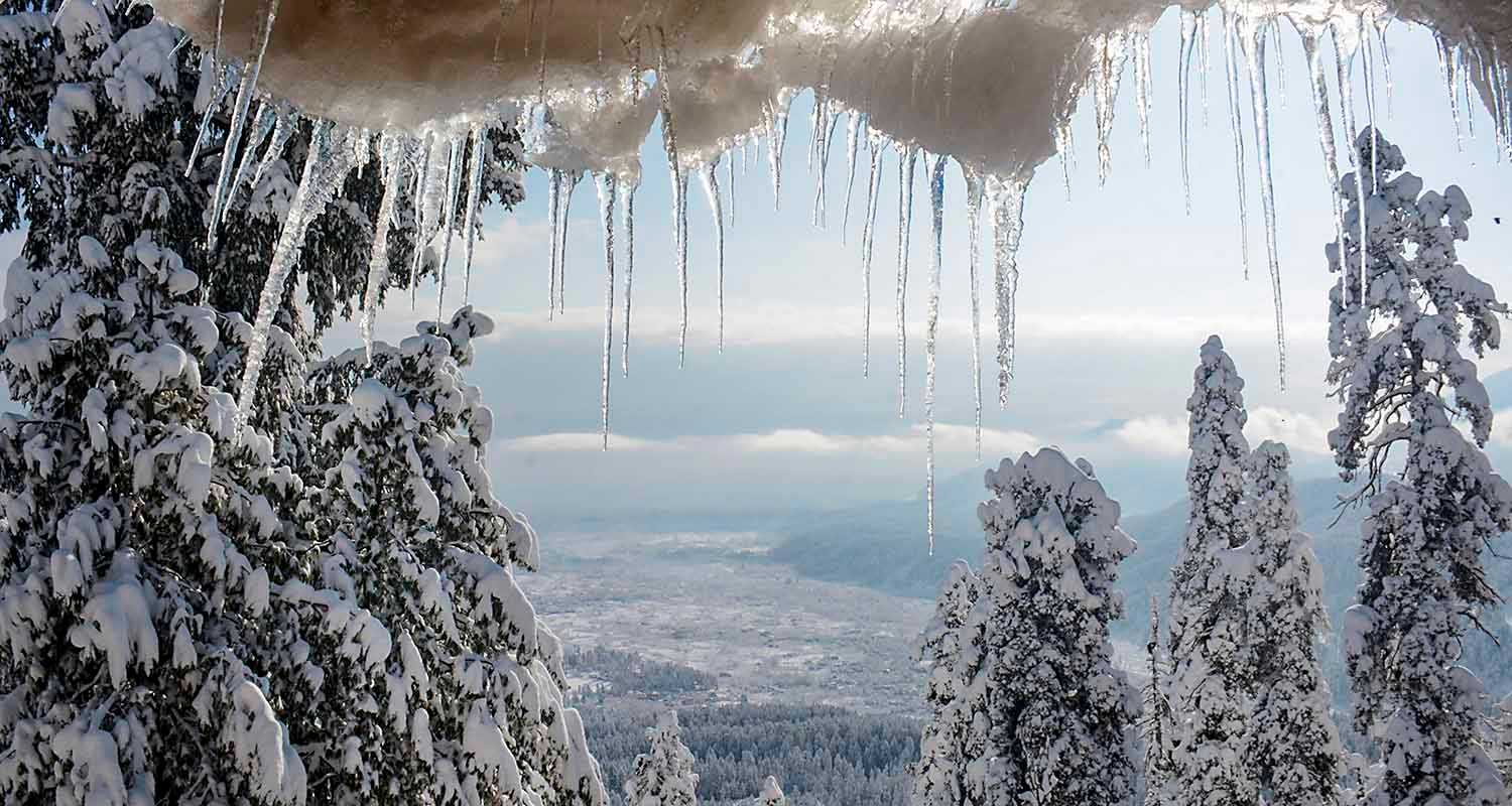 Gulmarg Ski Resort covered in snow after fresh snowfall, in Baramulla district of Jammu and Kashmir on Wednesday