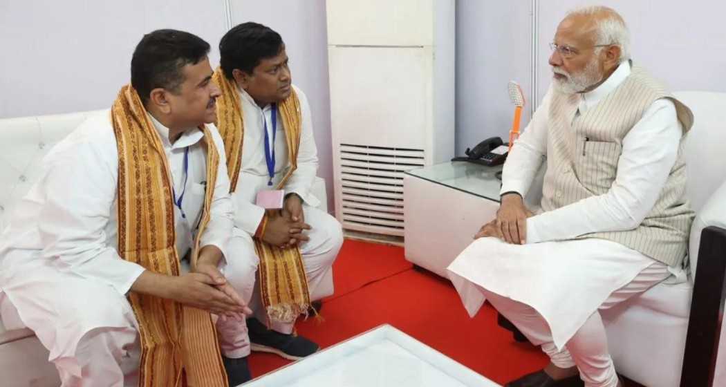 Leader of the Opposition in the West Bengal Legislative Assembly Suvendu Adhikari (L), West Bengal BJP president Dr. Sukanta Majumdar (M) submitted the proposal of merging north Bengal with the northeast region to Prime Minister Narendra Modi (R).