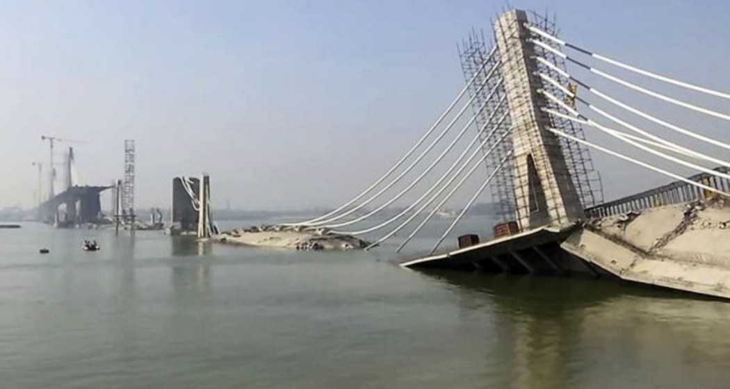 A view of a site where an under-construction Aguwani-Sultanganj bridge collapsed for the second time, in Bhagalpur on June 5, 2023.