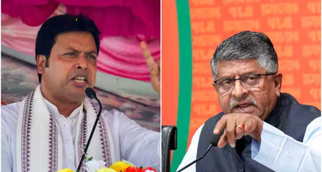 BJP convenor Biplab Deb (L), senior leader Ravi Shankar Prasad (R).