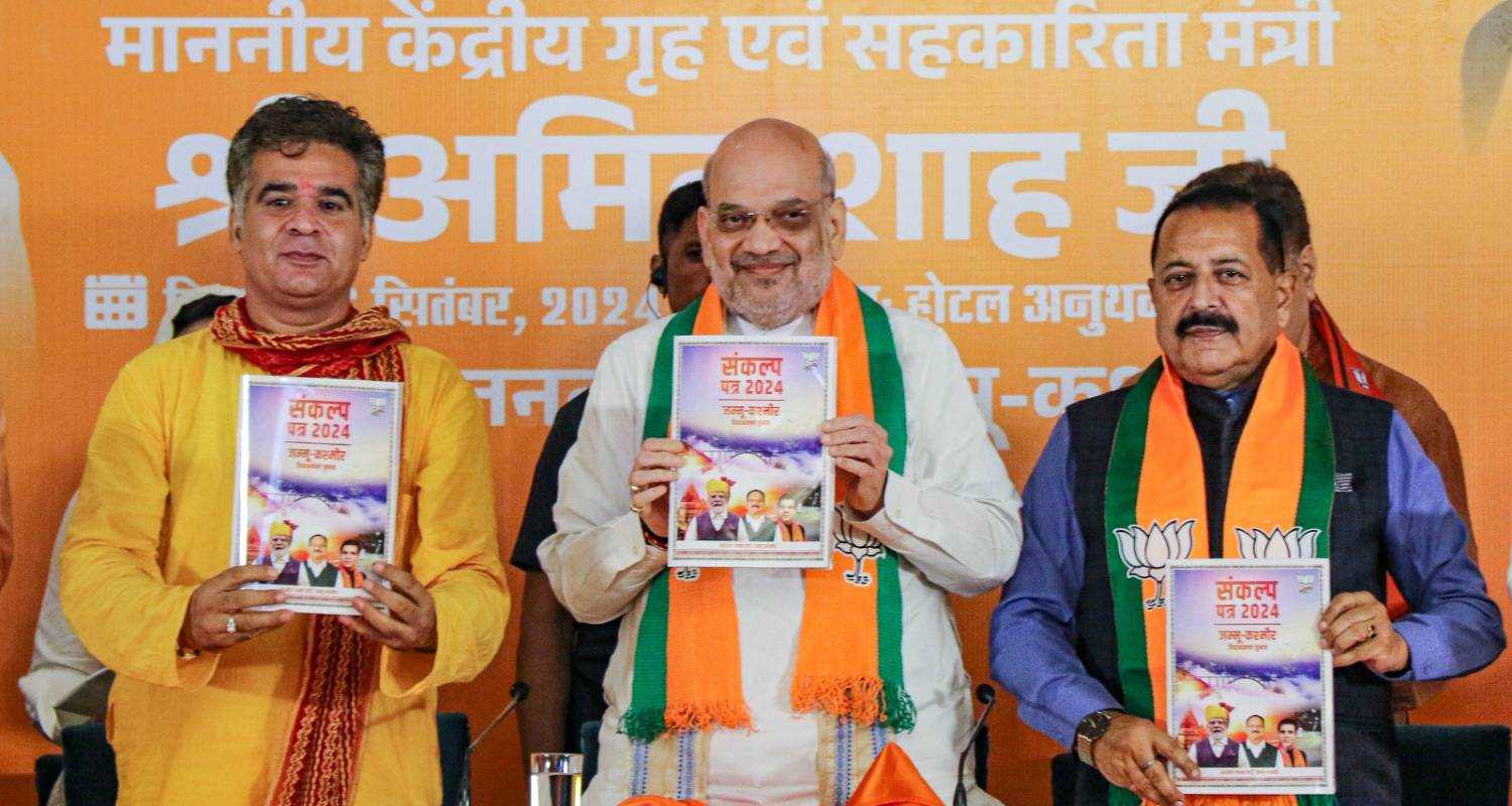 Union Home Minister Amit Shah at the release of the BJP's manifesto for Jammu and Kashmir.