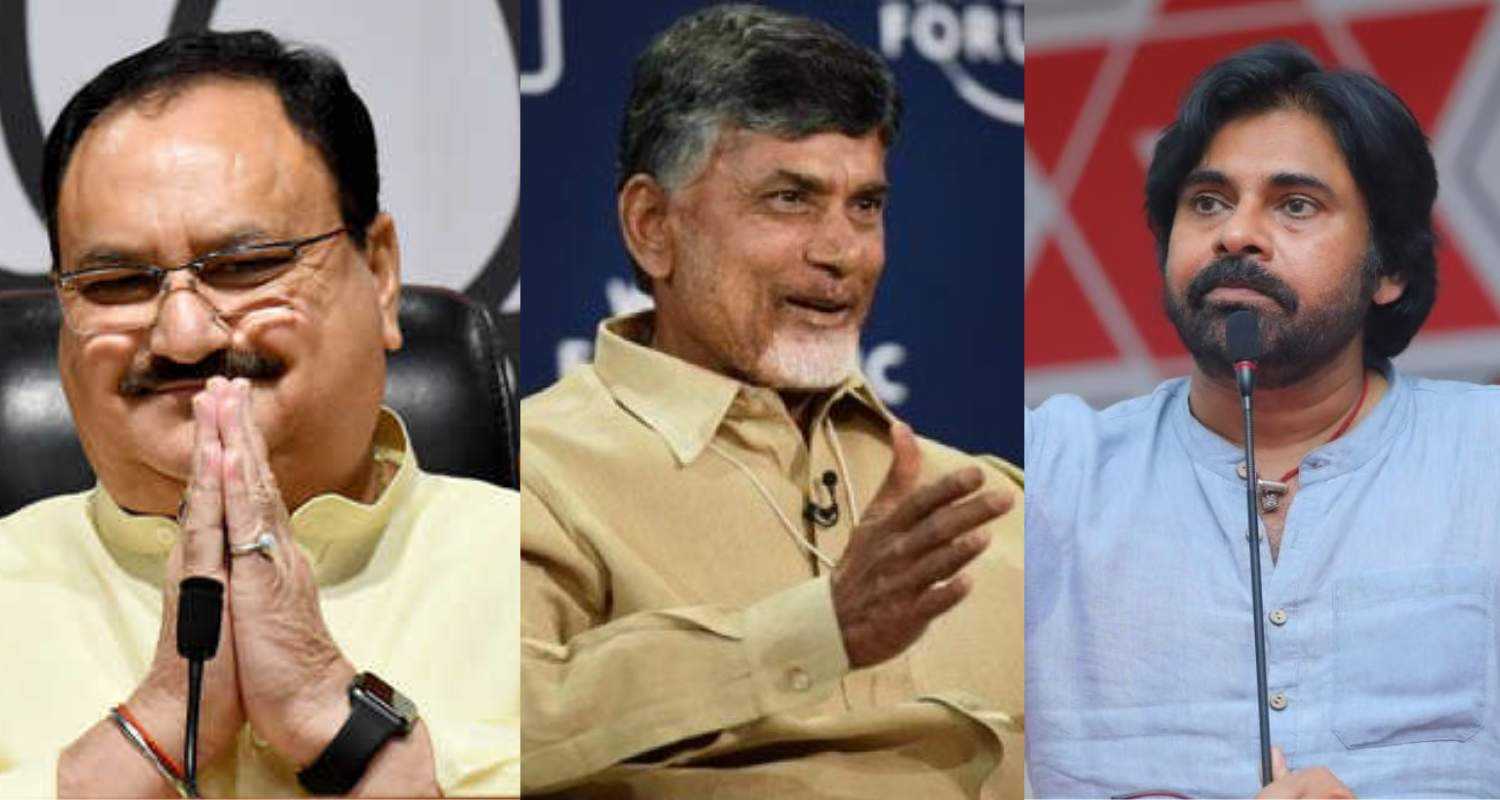 Image of J P Nadda, N Chandrababu Naidu and Pawan Kalyan. 