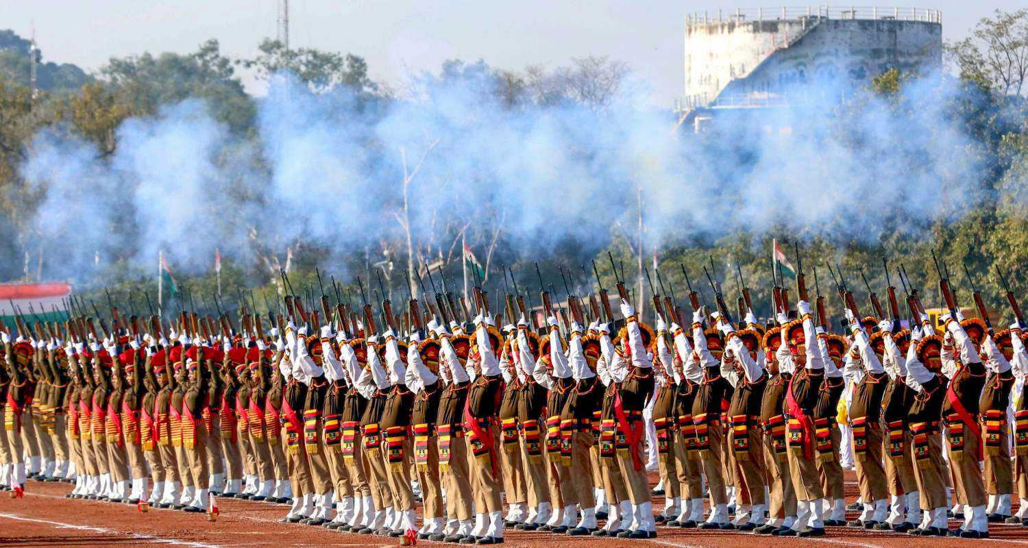 Sending Thunder to the Skies: An alluring sight as scores of Madhya Pradesh Police personnel launch a ceremonial gunfire during Republic Day celebrations at Lal Parade ground, in Bhopal. 