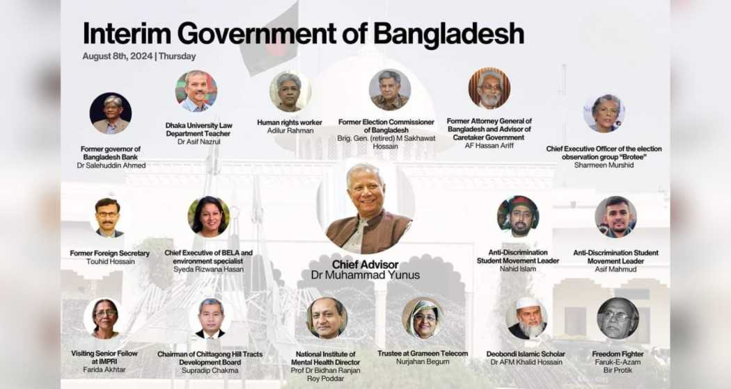 Muhammad Yunus, Nobel laureate and now chief adviser, leads Bangladesh's interim government, formed amidst political upheaval, with key figures from civil society and student movements.