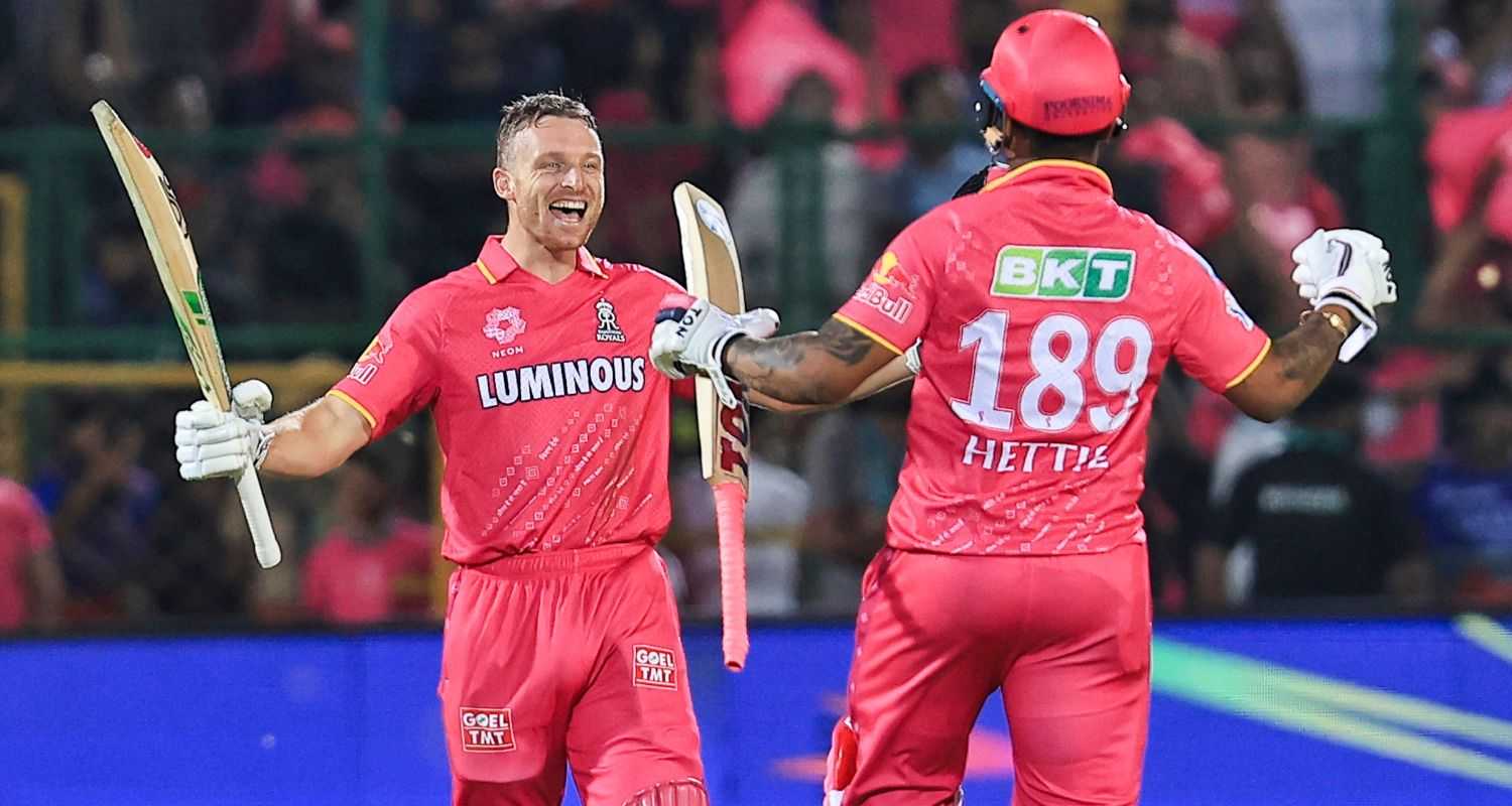 Rajasthan Royals' Jos Buttler celebrates with Shimron Hetmyer after winning the Indian Premier League (IPL) 2024 T20 cricket match between Rajasthan Royals and Royal Challengers Bengaluru at Sawai Mansingh Stadium, in Jaipur on Saturday. 