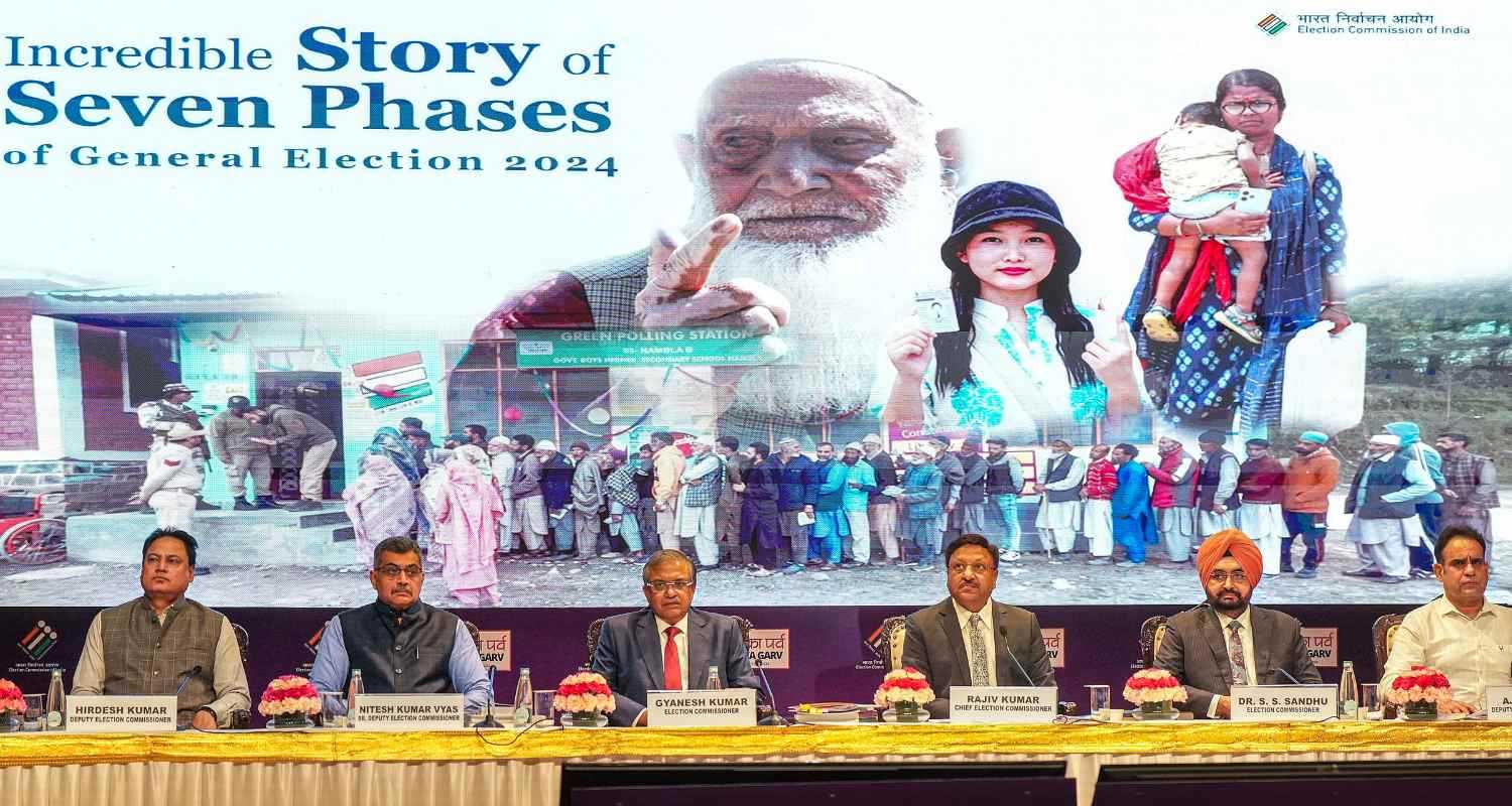 Chief Election Commissioner of India Rajiv Kumar with Election Commissioners Gyanesh Kumar and Dr. S.S. Sandhu during a press conference, in New Delhi. 