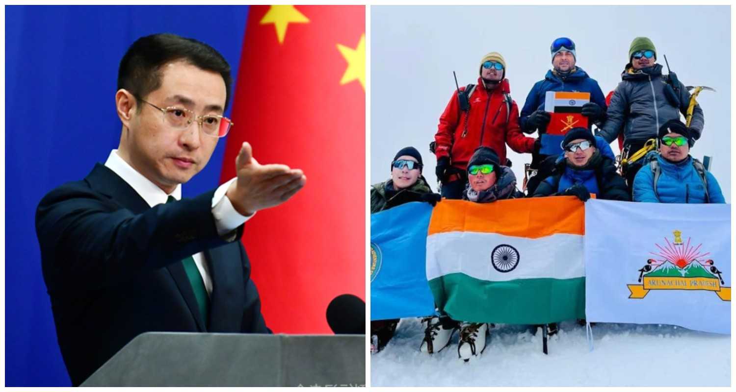 Chinese Foreign Ministry spokesperson Lin Jian (L), NIMAS team celebrates at the summit of the newly named 'Tsangyang Gyatso Peak' (20,942 ft) in Arunachal Pradesh, honouring the legacy of the 6th Dalai Lama (R).