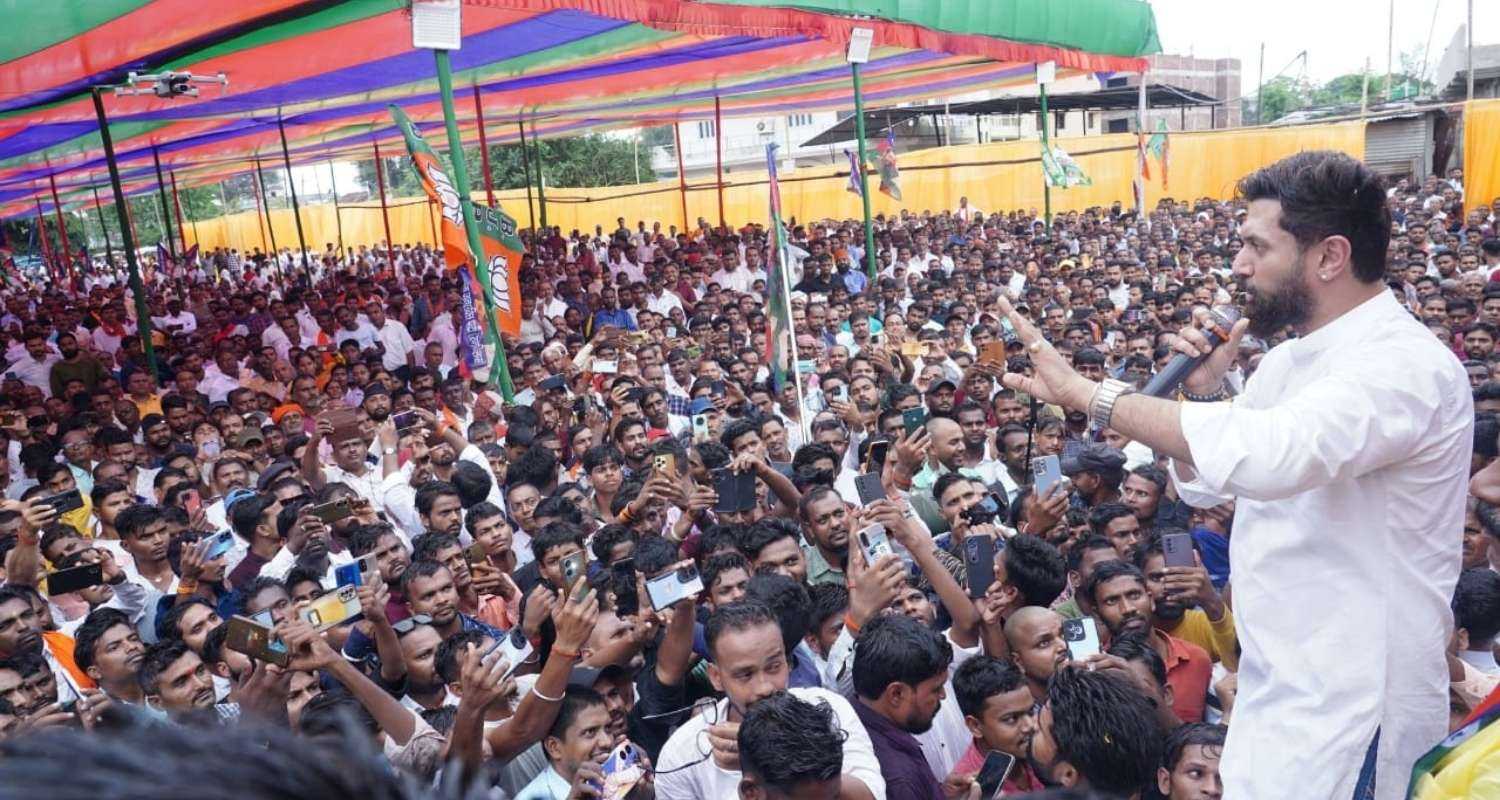  LJP leader Chirag Paswan addresses people during the nomination rally of Janardan Paswan in Chatra on Thursday.   