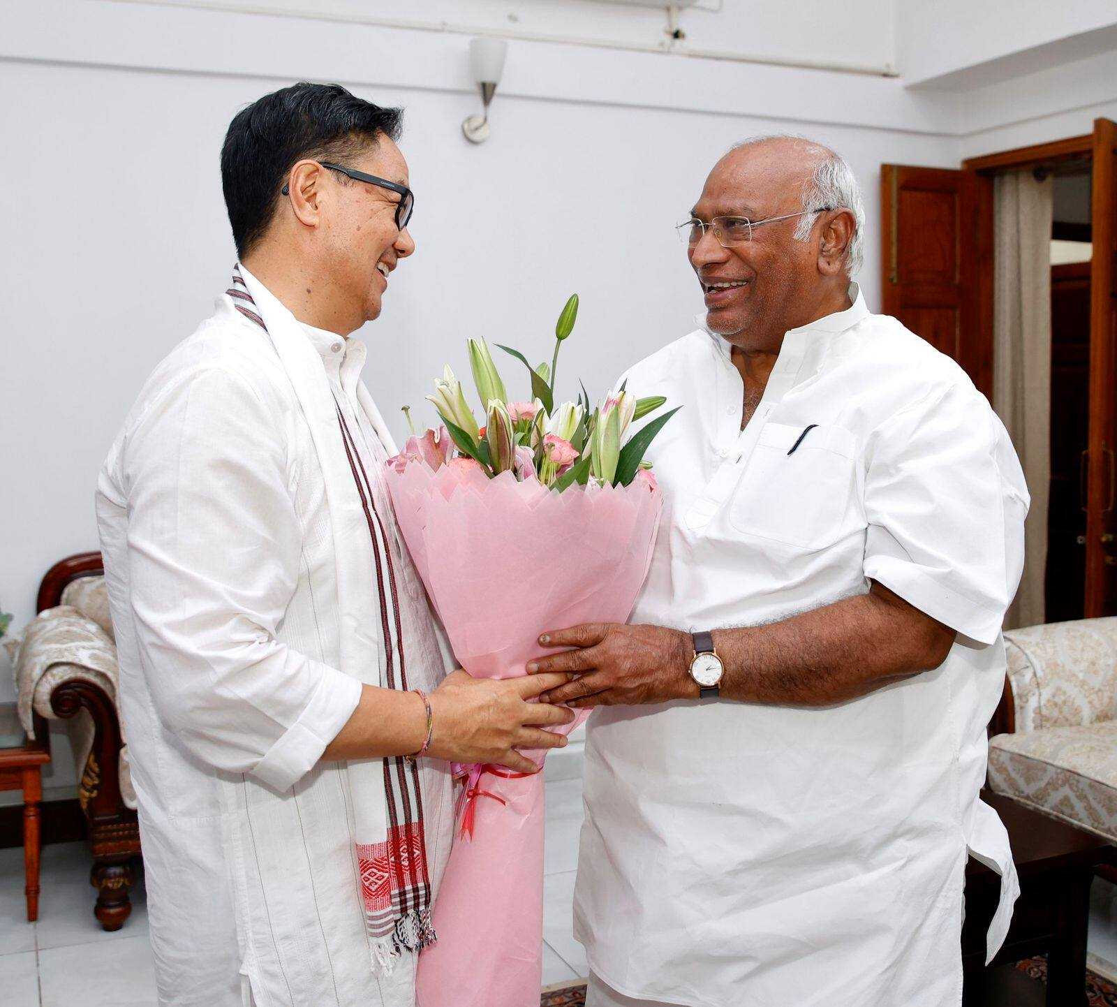 Parliamentary Affairs Minister Kiren Rijiju met Congress president Mallikarjun Kharge on Sunday, a week before the first session of the new Lok Sabha.