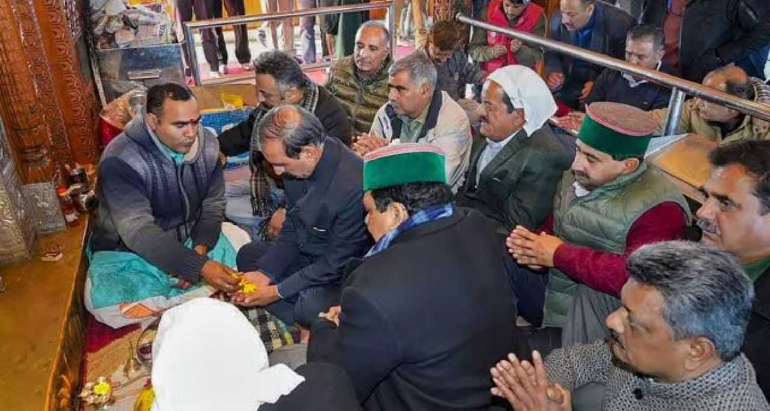 Himachal Pradesh Chief Minister Sukhvinder Singh Sukhu with Congress MLAs offers prayers at Tara Devi Temple, in Shimla on Wednesday.