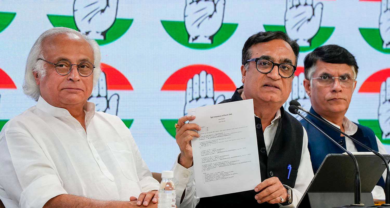 Congress leaders Jairam Ramesh and Ajay Maken during a press conference, in New Delhi, Friday.