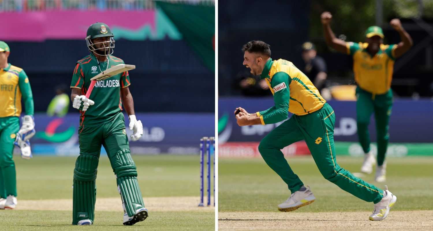 Left: Bangladesh's Jaker Ali walks off the field after being dismissed with a broken bat. Right: South Africa's Keshav Maharaj celebrates winning the match.