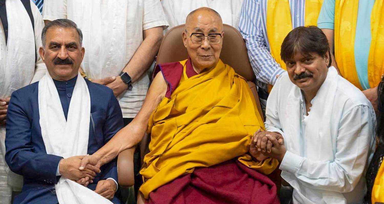 Himachal Pradesh Chief Minister Sukhvinder Singh Sukhu during his meeting with His Holiness the Dalai Lama at the latter's residence, in Dharamshala, Himachal Pradesh. Congress leader Devinder Singh Jaggi is also seen. 