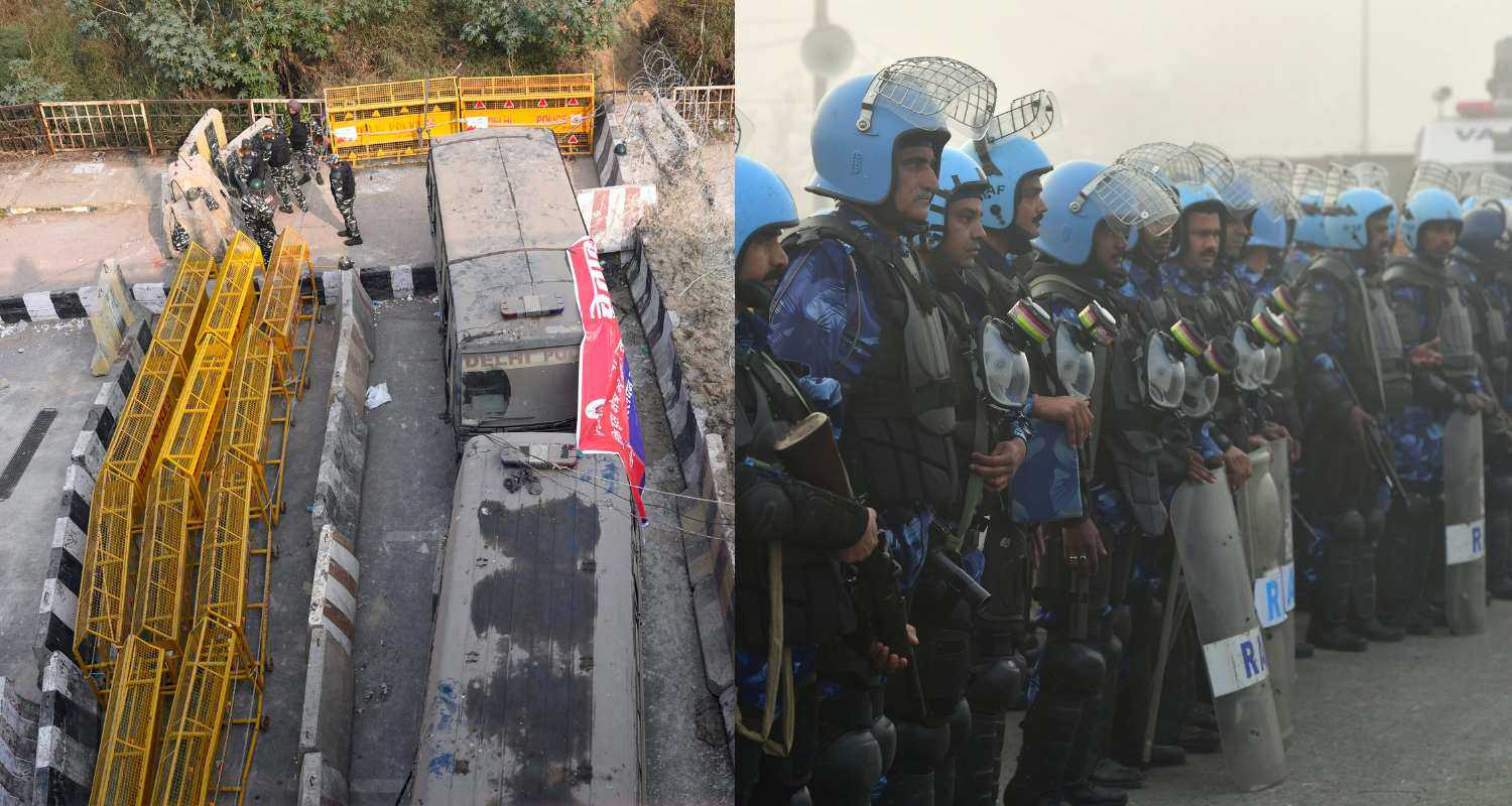 Multi-layered barricading installed at Ghazipur border (Left), Security personnel deployed at Singhu border in view of farmers' 'Delhi Chalo' march, in New Delhi (Right). 