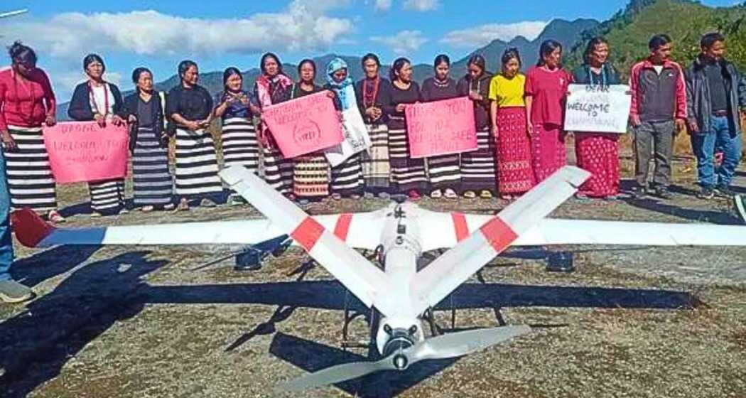 A photograph from 2022 displaying a Tech Eagle's drone, part of the Medicine from the Sky programme's second phase, ready to fly from Ziro Valley and lands in Chambang, Kra Daadi district. Demonstrating remarkable efficiency, the drone covered a 31 km aerial distance in only 21 minutes, compared to the 8-hour road journey, revolutionising medical deliveries in the state.