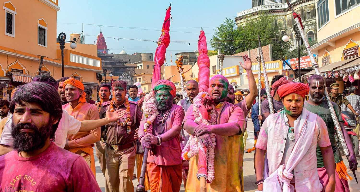 Devotees and priests take part in a religious procession on the occasion of ‘Rangbhari Ekadashi’, in Ayodhya, Wednesday