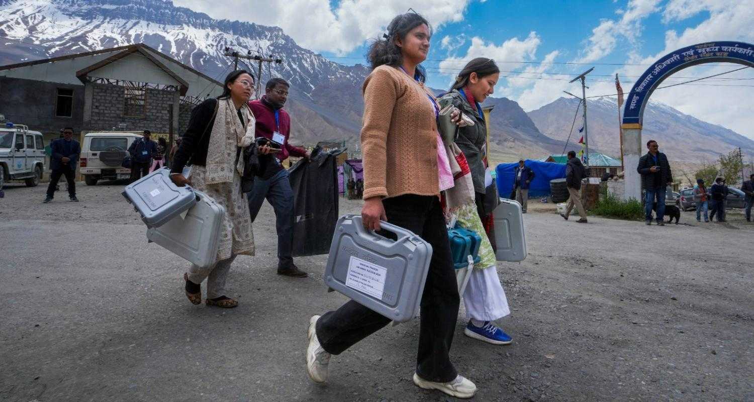 Polling officials with EVMs and other election materials leave for their respective polling stations in the higher hills of Himachal, from Kaza, ahead of the last phase of Lok Sabha polls, in Lahaul and Spiti.