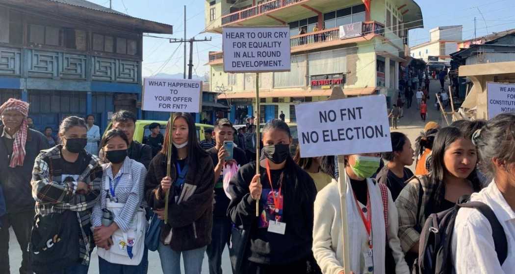 Residents of Tuensang, Nagaland, gather in protest amidst a complete shutdown, as legislators convene for a Joint Coordination meeting in their demand for the Frontier Nagaland Territory. 