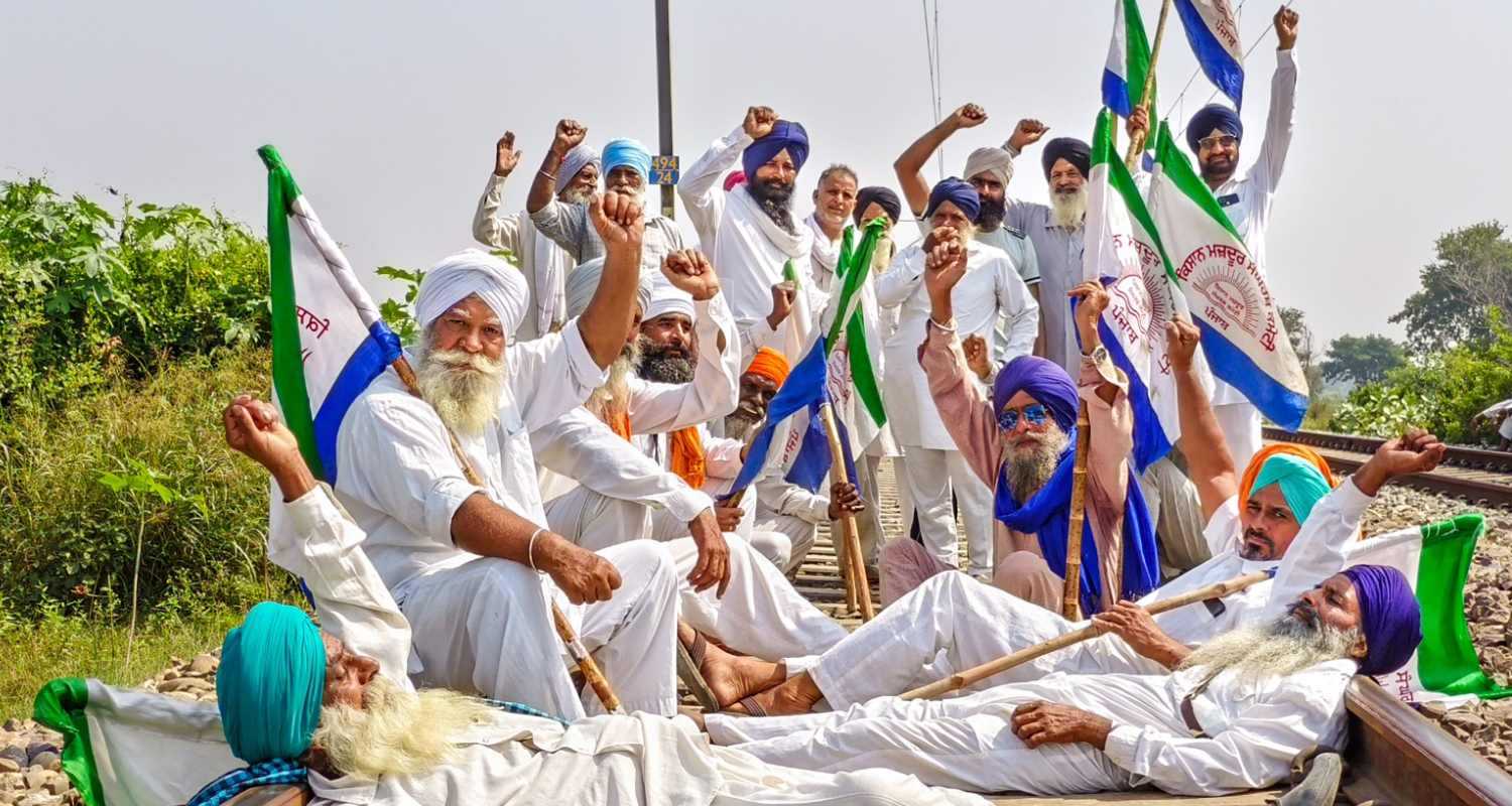 Farmers block a railway track during a protest demanding justice for the victims of the Lakhimpur Kheri incident, in Amritsar, Thursday. 