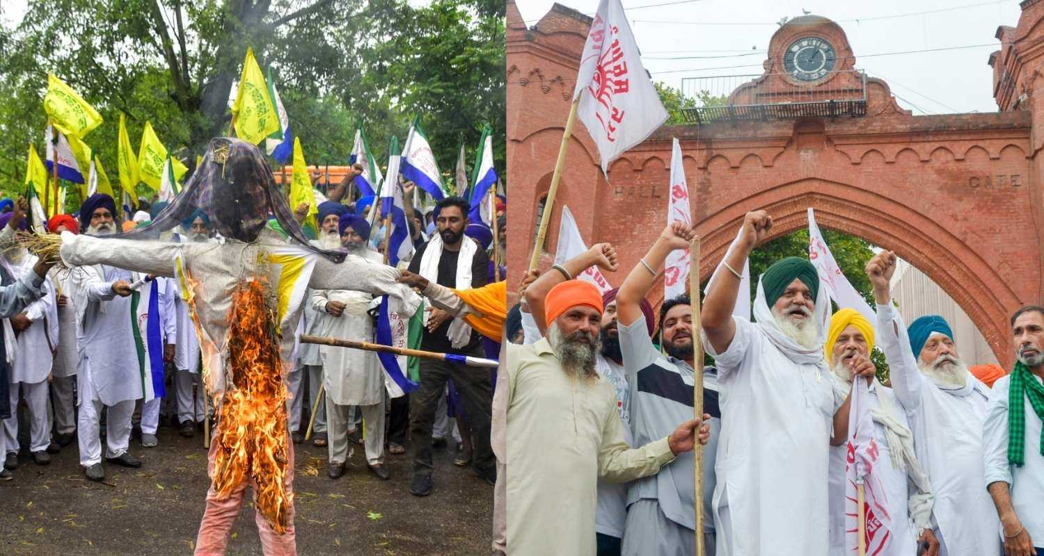 Farmers burn an effigy during a protest against the Central and Haryana government over honouring of police officers who allegedly used drones and pellet guns against farmers during their agitations. 