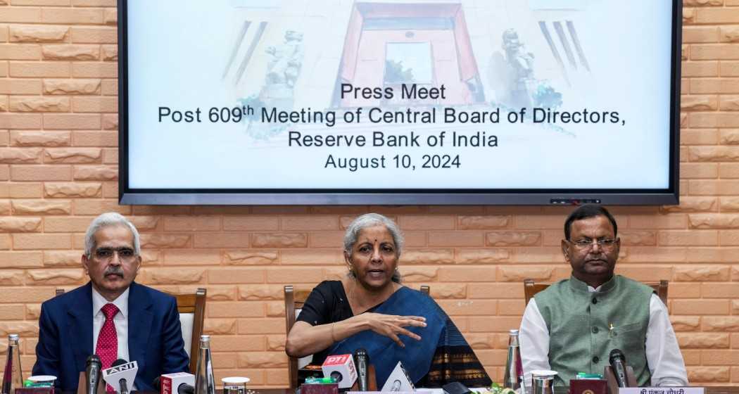 Union Finance Minister Nirmala Sitharaman along with RBI Governor Shaktikanta Das and Finance MoS Pankaj Chaudhary addresses a press conference after the Central Board of Directors meeting of the Reserve Bank of India in the customary post-budget meet, at Reserve Bank of India in New Delhi, Saturday, Aug.10, 2024.