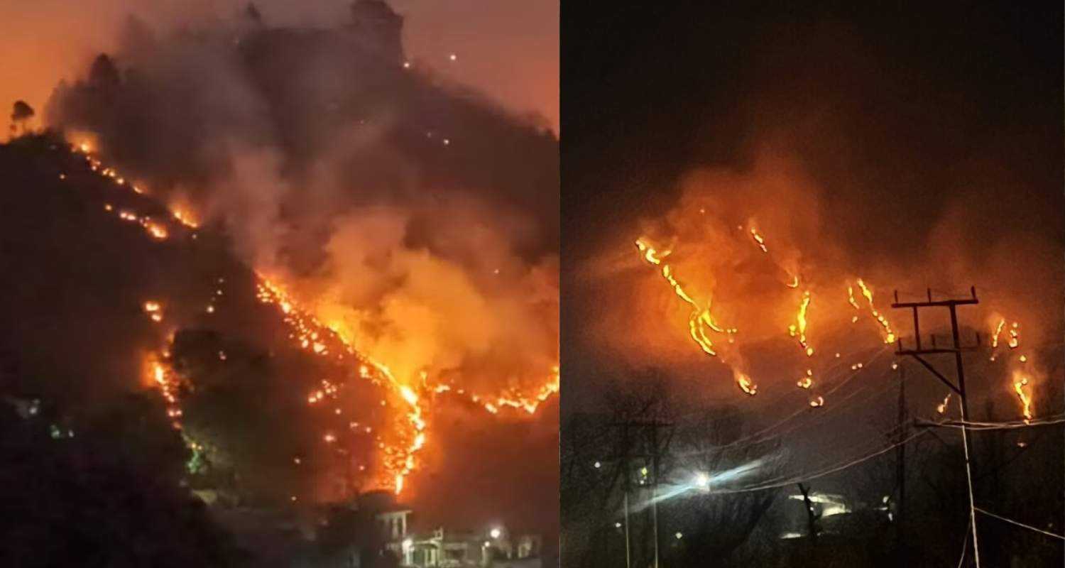 Flames engulf the mountains in Zabarwan.