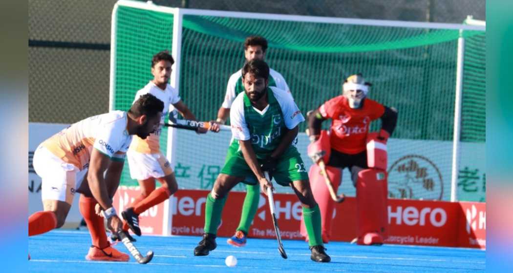 Indian Captain Harmanpreet Singh in action, scoring both goals in India's 2-1 victory over Pakistan in the ACT hockey tournament.