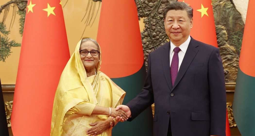 Bangladesh Prime Minister Sheikh Hasina with President Xi Jinping and Chinese Premier Li Qiang in Beijing on Wednesday. 