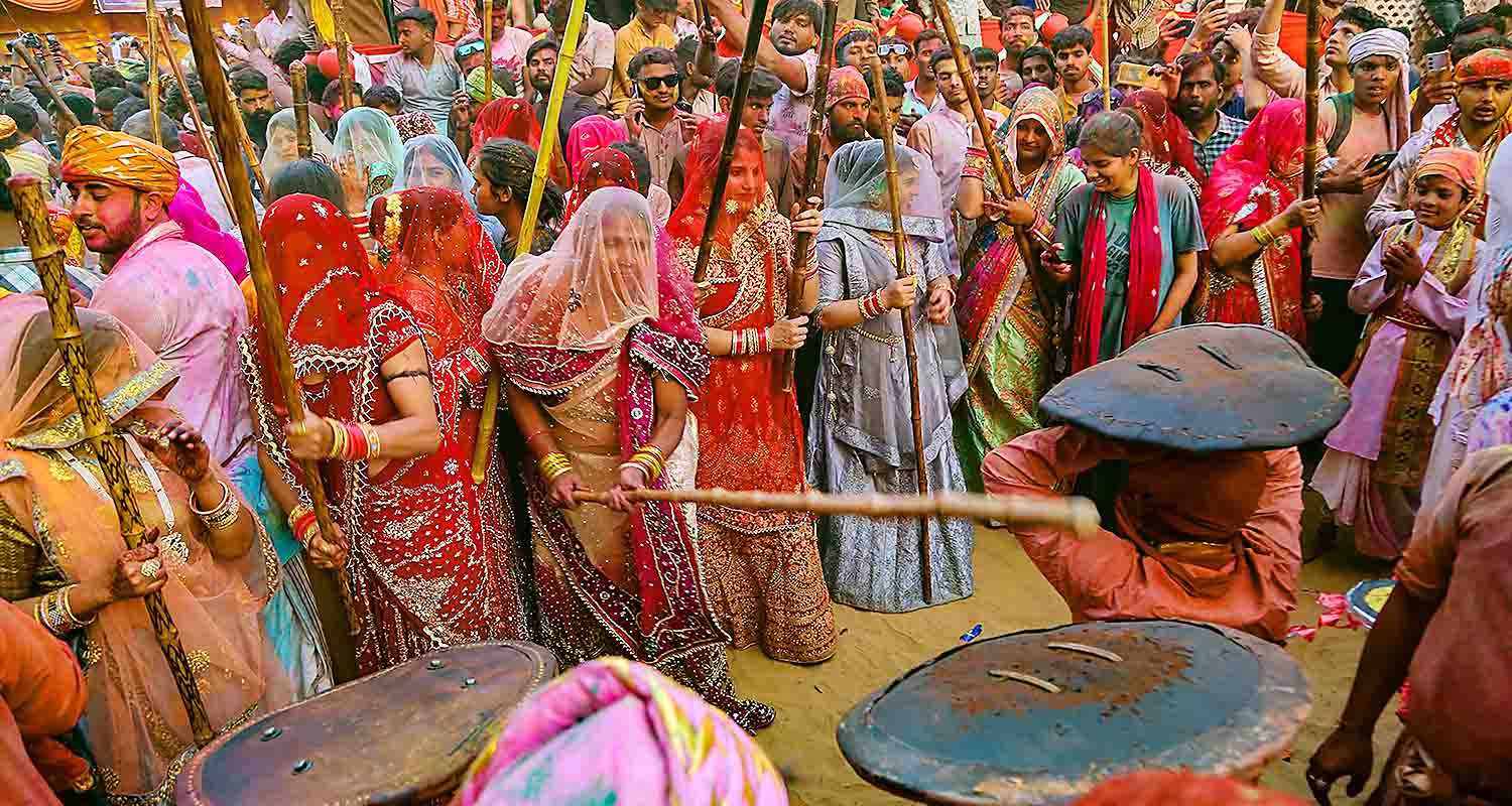 Devotees during Latthamaar Holi celebration at Sri Ji temple at Barsana near Mathura