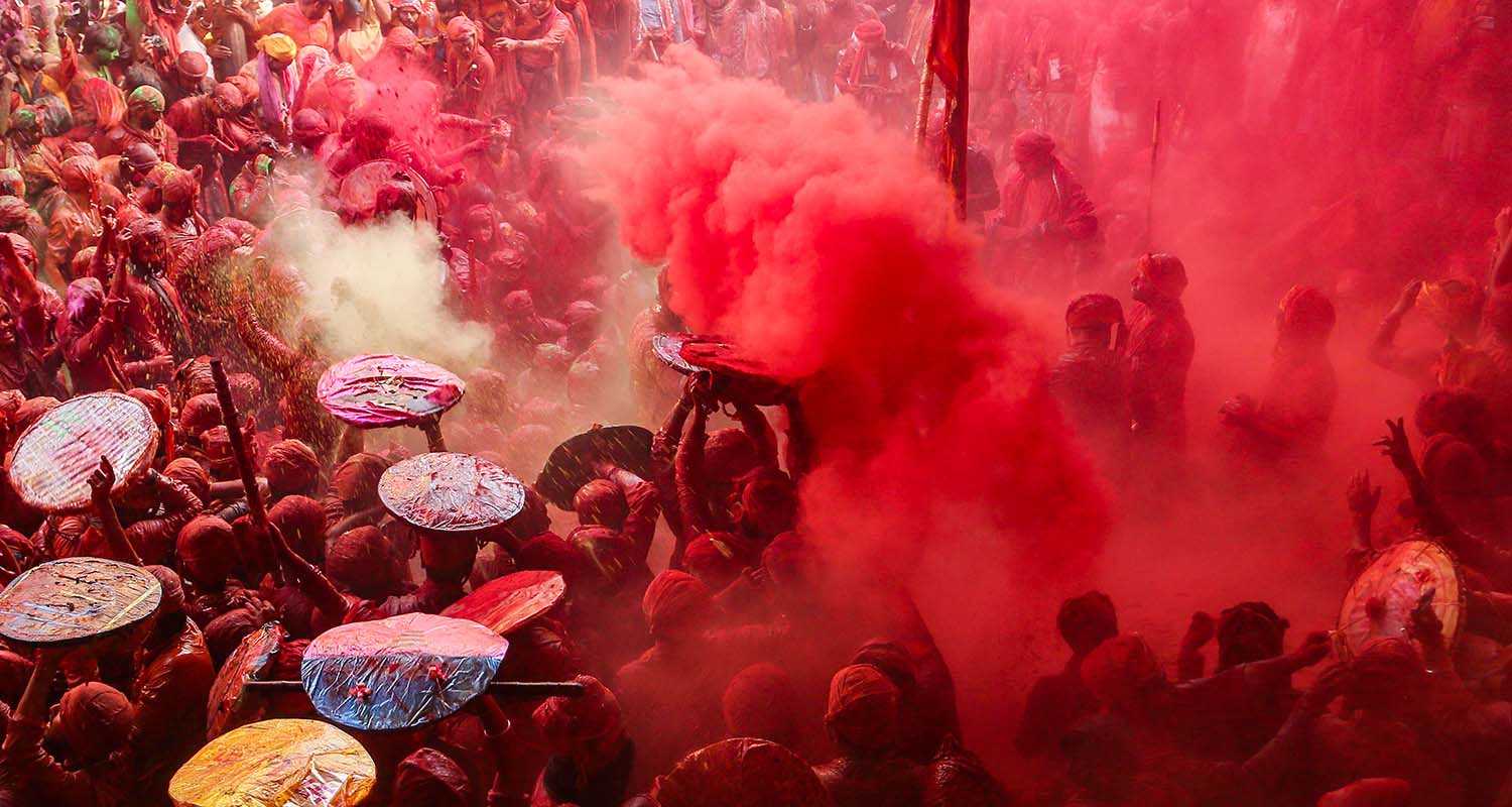 Devotees during Latthamaar Holi celebration at Sri Ji temple at Barsana near Mathura