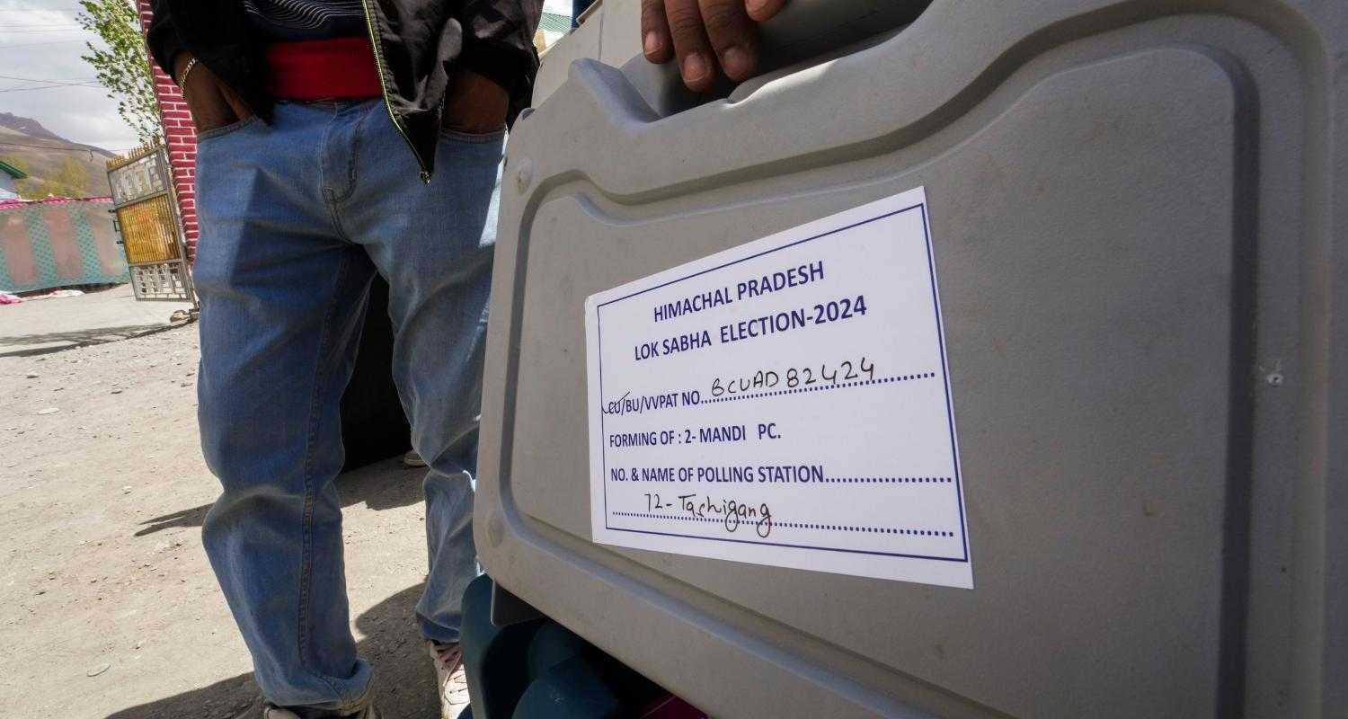 Election material being carried to its respective polling station in the higher hills of Himachal, from Kaza, ahead of the last phase of Lok Sabha polls.