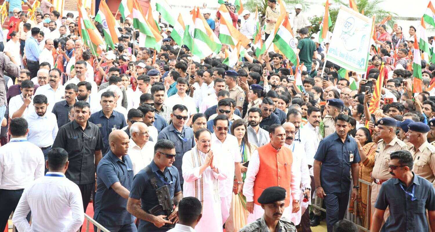 BJP Leaders J P Nadda And Gujarat CM Bhupendra Patel Lead Tiranga Yatra In Rajkot.