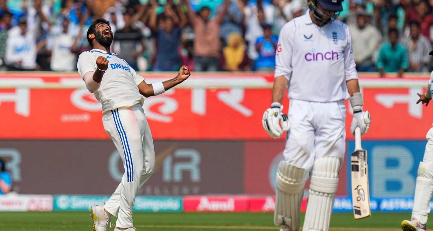 India's bowler Jasprit Bumrah celebrates for the wicket of England's batter Ben Foakes during the fourth day of the second Test match between India and England, at Dr Y.S. Rajasekhara Reddy ACA-VDCA Cricket Stadium, in Visakhapatnam on Monday.