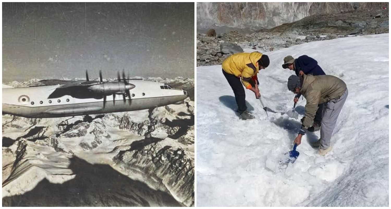 An Indian Air Force An-12 flying over the Himalayas. Personnel from the joint team of Indian Army's Dogra Scouts and representatives of Tiranga Mountain Rescue during a search and rescue mission on Tuesday, October 1, to recover the remains of personnel from the ill-fated Indian Air Force (IAF) AN-12 aircraft, which crashed on Rohtang Pass in 1968. 