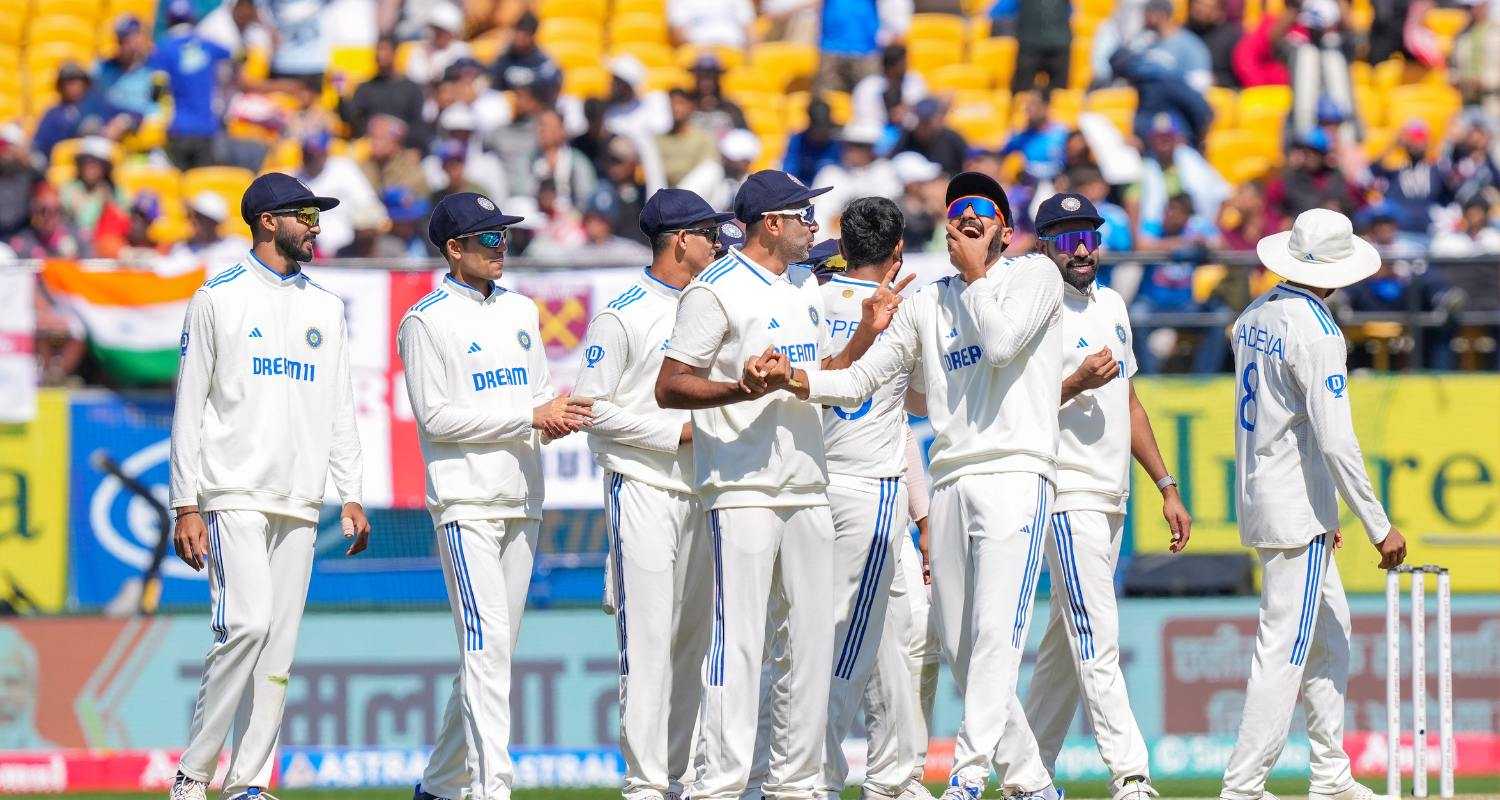 An image of Team India celebrating their victory in the Test series against England.